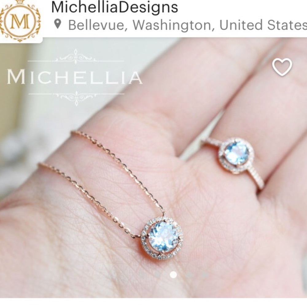 Aquamarine diamond halo necklace rose gold